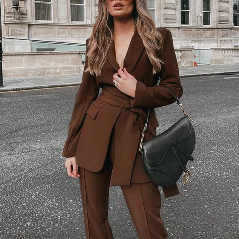 

Women Two Piece Suit Blazer Turn-down Collar Long Pants Elegant Business Office Lady Outfits Autumn Winter Solid Streetwear Set