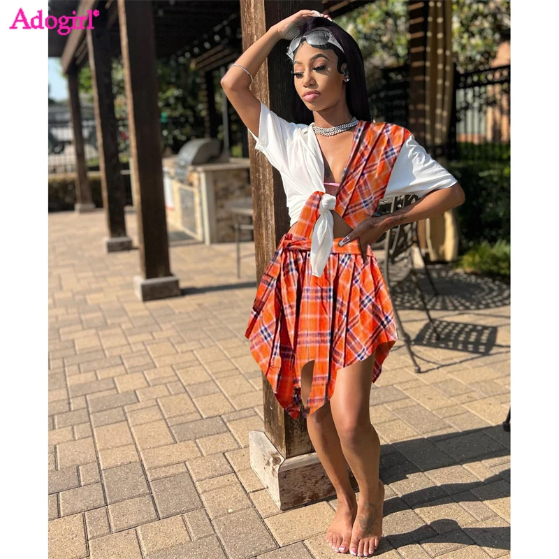 

Adogirl Plaid Patchwork Two Piece Set Women Dress Lace Up Short Sleeve Crop Top Shirt Asymmetrical Midi Skirt Summer Casual Suit