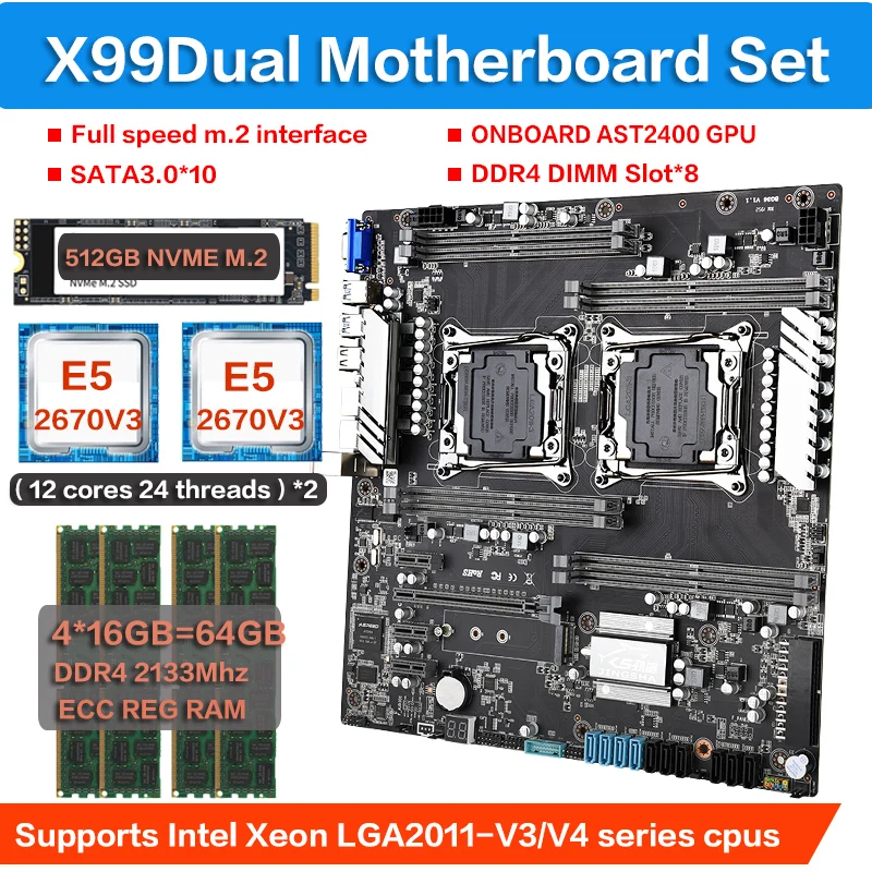 

X99 Dual Motherboard KIT 2pcs XEON E5 2670 V3 Processor 4*16gb ddr4 2133mhz ECC REG Memory NVME 512GB M.2 SSD SET