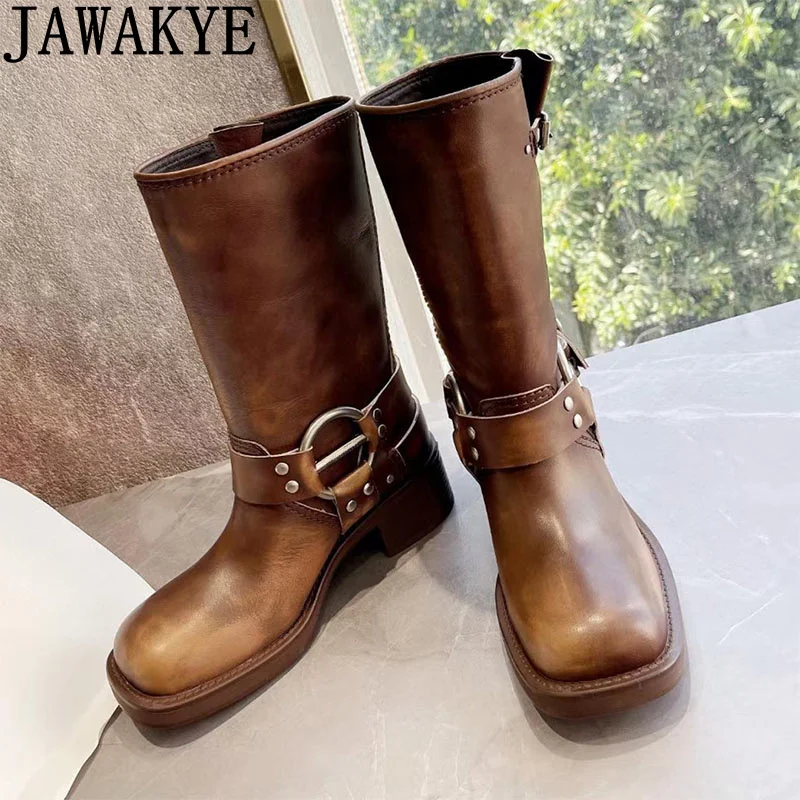 

Genuine Leather Mid Calf Boots Women Fashion Week Flat Punk Boots Woman High Quality Luxury Brand Cowboy Knight Boots Mujer