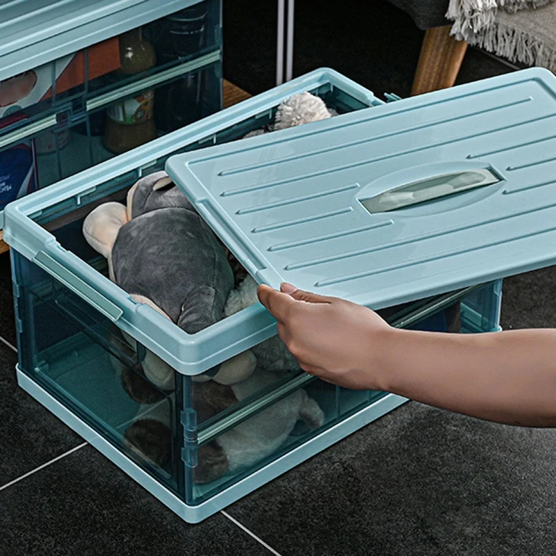 

30L Foldable Storage Bin with Lid Waterproof Thick Organizer Box for Blanket Clothes Books Under Bed in Cars-Blue