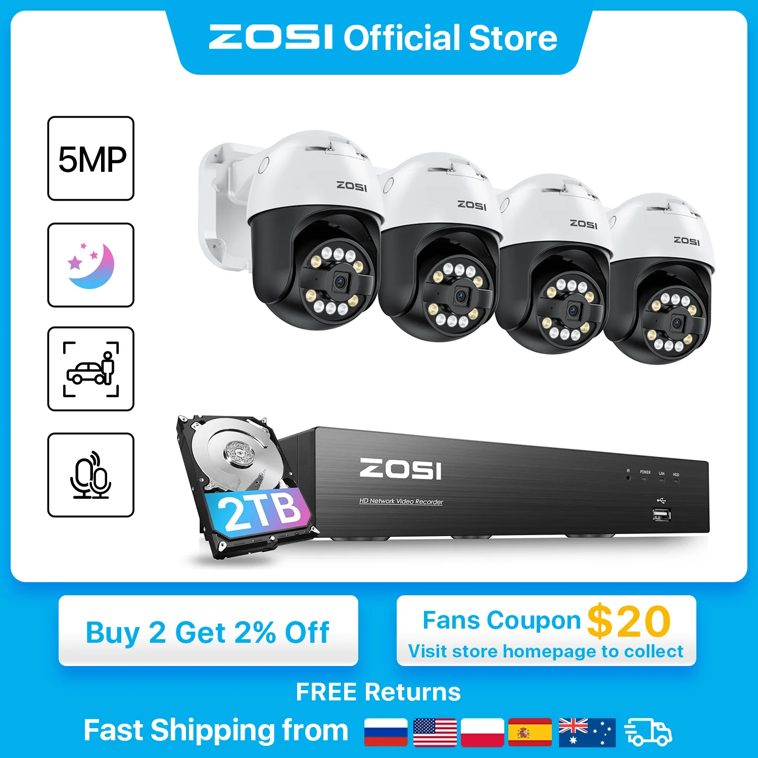 ZOSI 8CH 5MP PTZ Security POE IP Camera System Two Way Audio AI Face Detect 8MP NVR Kit CCTV Home Outdoor Video Surveillance Set