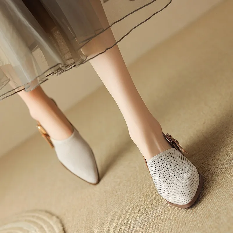 

Summer New Brand Women's Luxury Sandals Fashion Buckle Ladies Med Heel Pointed Toe Mules Ladies Elegant Dress Slingback Shoes