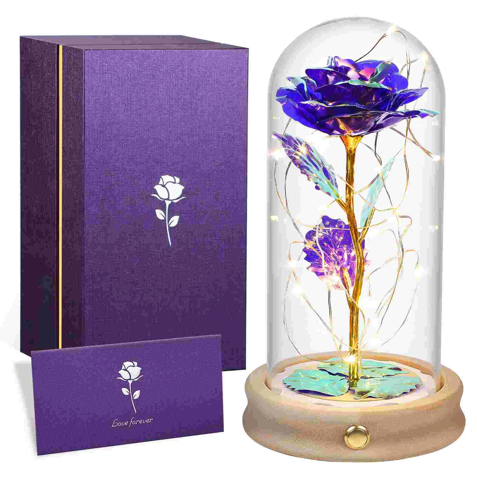 

ETEREAUTY Artificial Rose in Glass Dome with Round Base Colorful Charming Rose Flower with Stand for