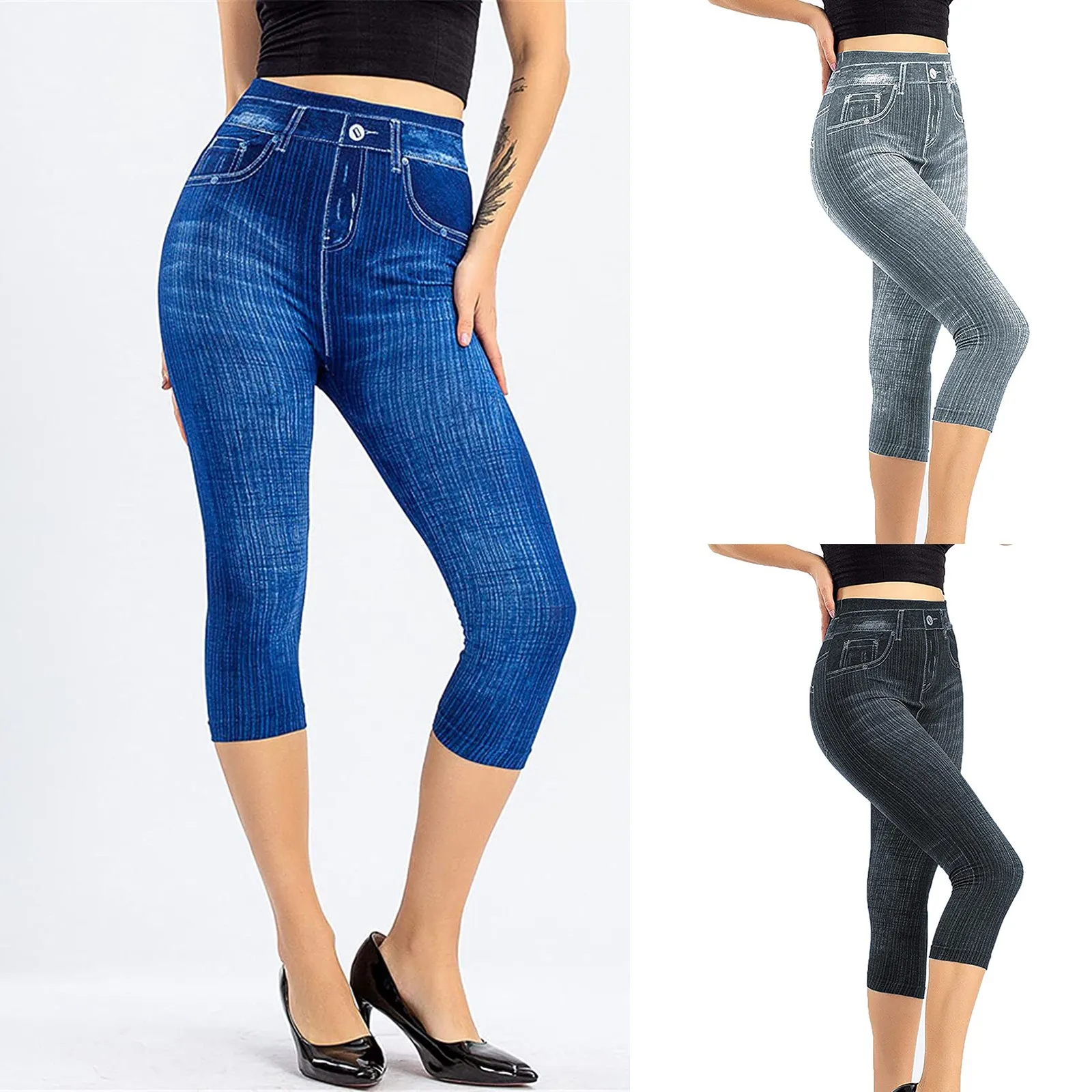 

New Fake Jeans Leggings Women Stretch Printed Short Legging Plus Size Calf-length Pants Summer Breeches High Waist Jeggings