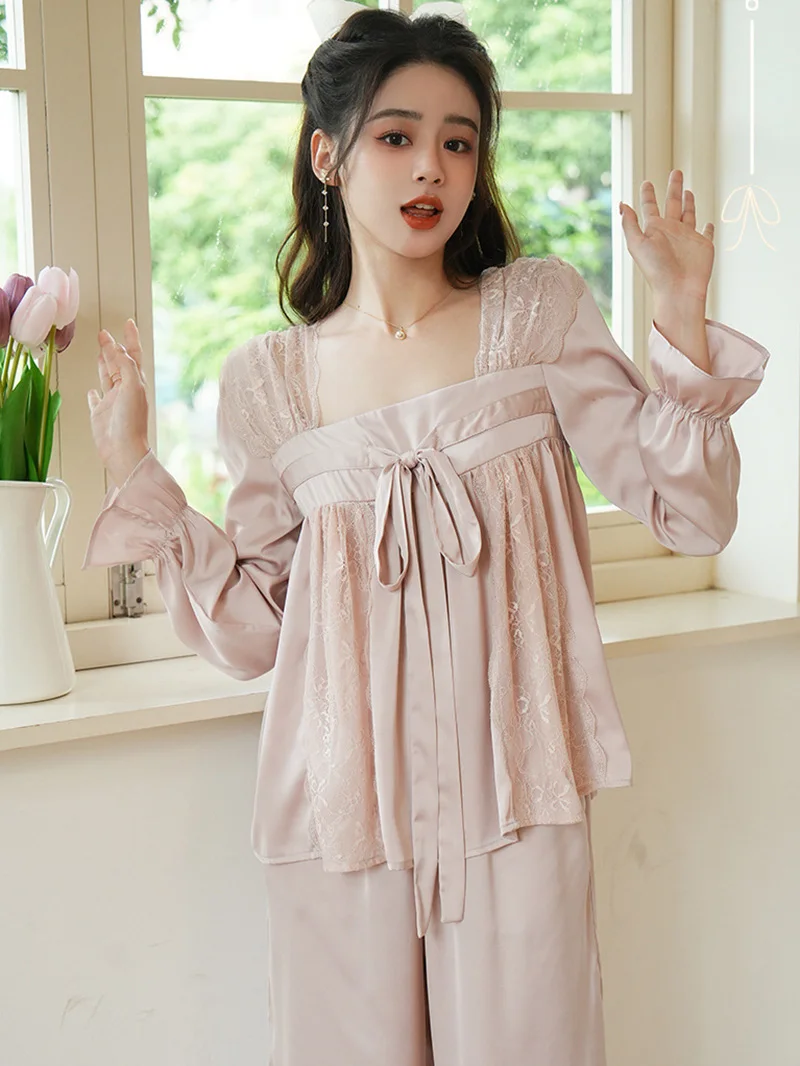 French Silk Pajamas for Women Lace Ruffles Fairy Shirt Lounge Two Piece Sweet Femme Nightgowns Victorian Princess Sleepwear