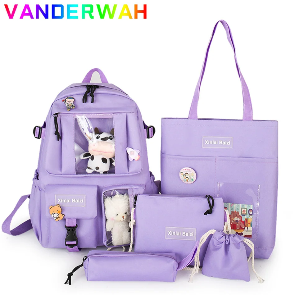 

5-piece Fashion Girl's Backpack Cute Cartoon Student Book Schoolbag Canvas Large Capacity Lightweight Travel Backpacks Mochilas