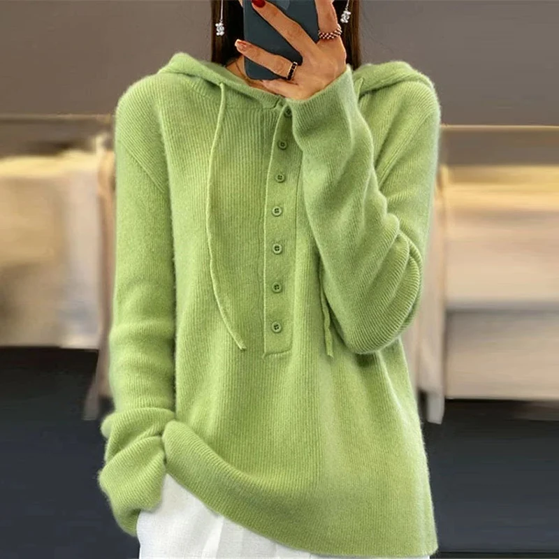 Осень-зима женский свитер с капюшоном модные пуговицы длинным рукавом шерстяной