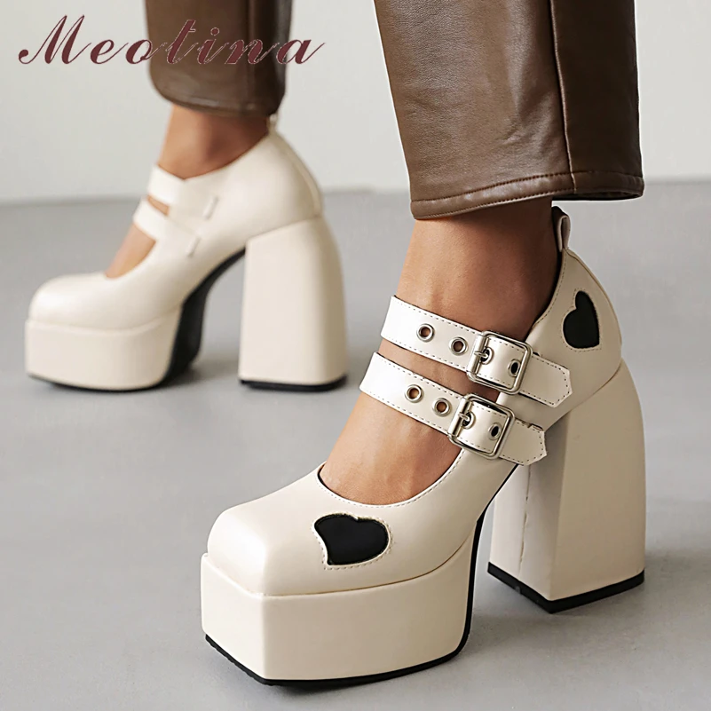 Meotina Women Mary Janes Shoes Gothic Thick Super High Heels Pumps Heart Print Platform Buckle Ladies Footwear Spring White 43