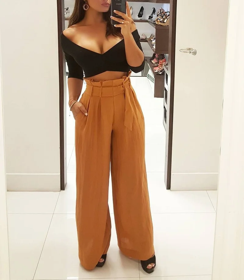 

Summer Female Solid OL Clothing Casual Loose Pants New Women Spring Autumn High Waist Wide Leg Long Pants Lace Up Maxi Trousers