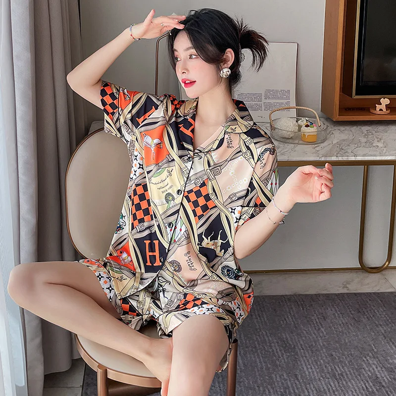 New Pajamas Women's Summer Artificial Silk Lapel Short-Sleeved Shorts Trendy Printed Casual and Comfortable Homewear Suit