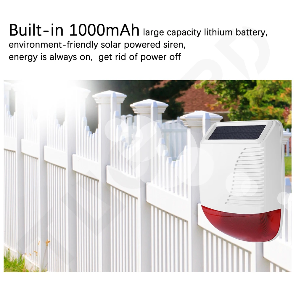 

433mhz Strobe Solar Siren Outdoor Wireless Home Alarm Horn Sound Burglar System Security Protection with Motion PIR Door Sensor