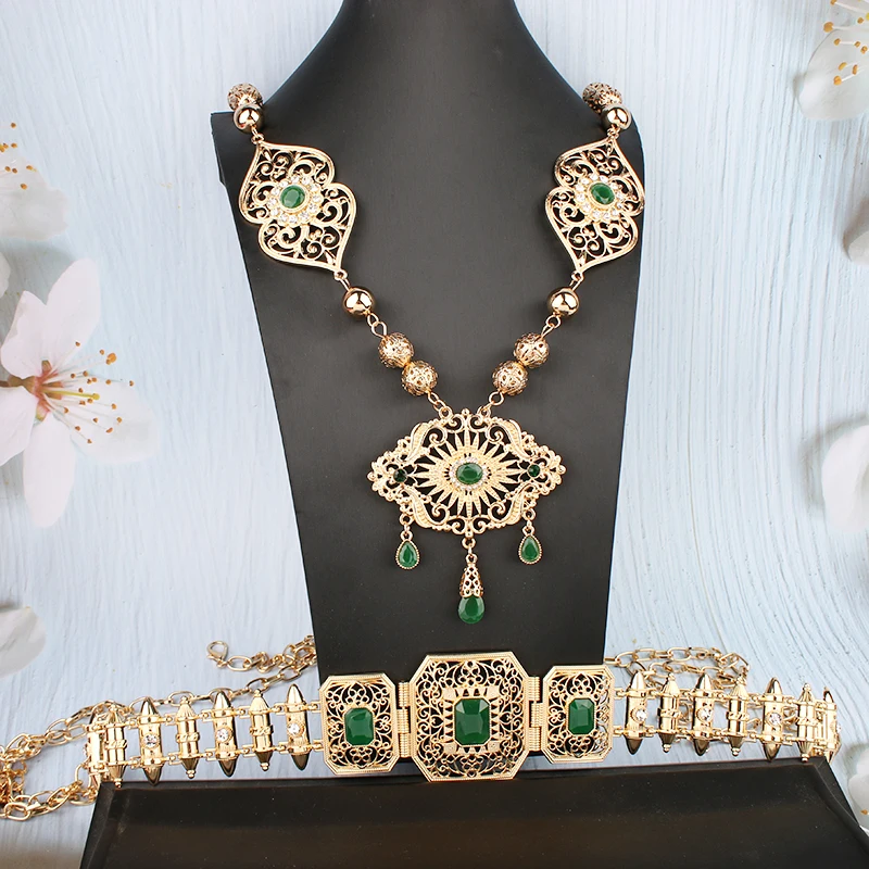 

Fashion Wedding Jewelry Set Moroccan Belt Wedding Metal Waist Chain Algeria Women Necklace Beads Long Chain Jewelry for Woman