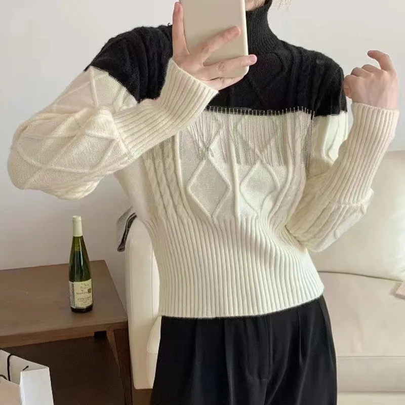 

Women Sweater Autumn Winter Hit Colors Patchwork Turtleneck Full Sleeve Vintage Ladies Knitted Pullovers Female Tops