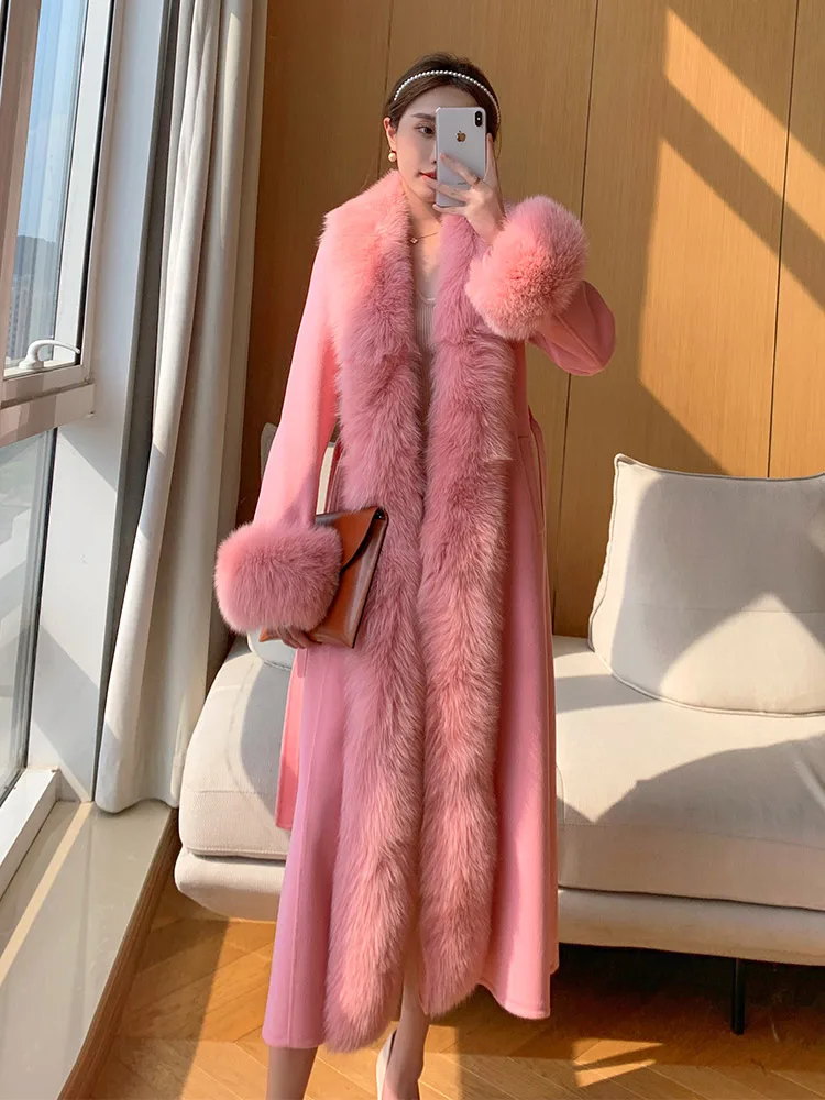 Женское длинное кашемировое полупальто теплое с большим воротником из