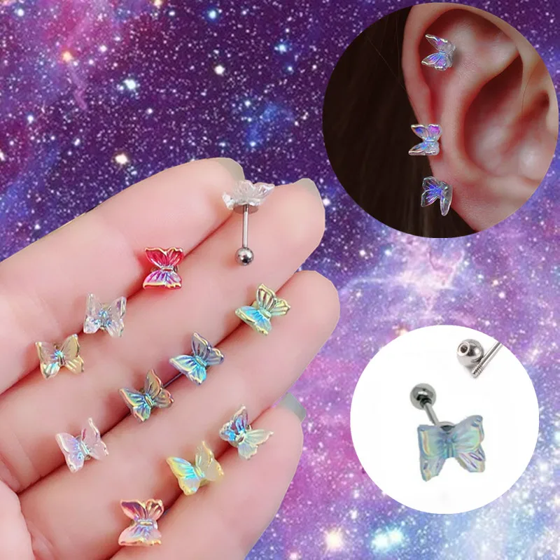 

Ins Small Butterfly Stud Earring Tragus Piercing Women AB Cartilage Stud Earrings Helix Jewelry Conch Daith Rook Lobe Stud Set