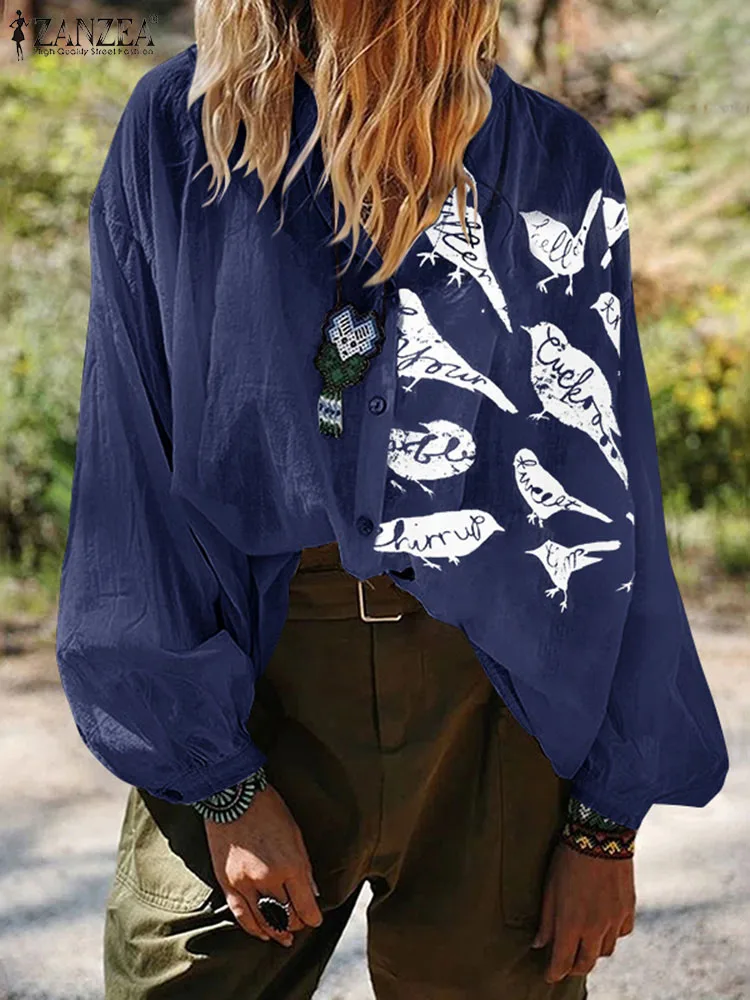 

ZANZEA Spring Stylish Printed Shirt Female Elegant Tops Women Lapel Neck Long Sleeve Blouse Casual Vintage Button Blusas Mujer