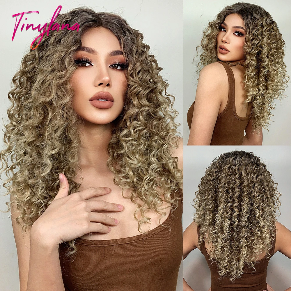 

Long Curly Synthetic Lace Wigs Brown Blonde Highlight 13*1 T-Middle Part Lace Wig for Black Women Cosplay Afro Curly Lace Hair