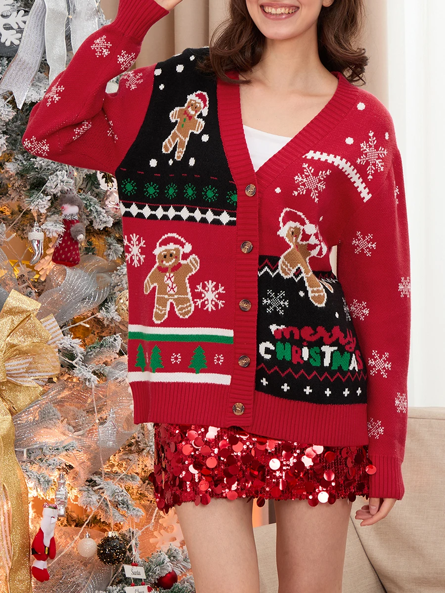 Женский рождественский кардиган свитера пряничный мужской узор ребристая
