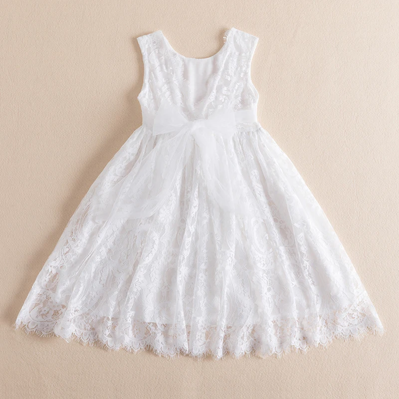 

White Lace Embroidery Princess Dress For Girl Sleeveless Summer V-Back Girl Vestidos Children Clothing Birthday Event Dress 3-8Y