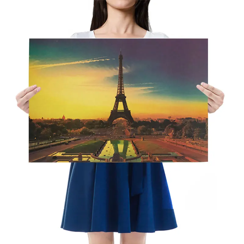 

Hot Posters Eiffel Tower Scenery Home Decoration Painting Vintage Retro Kraft Paper Poster Theme Bar Cafe Glueless Wall Stickers