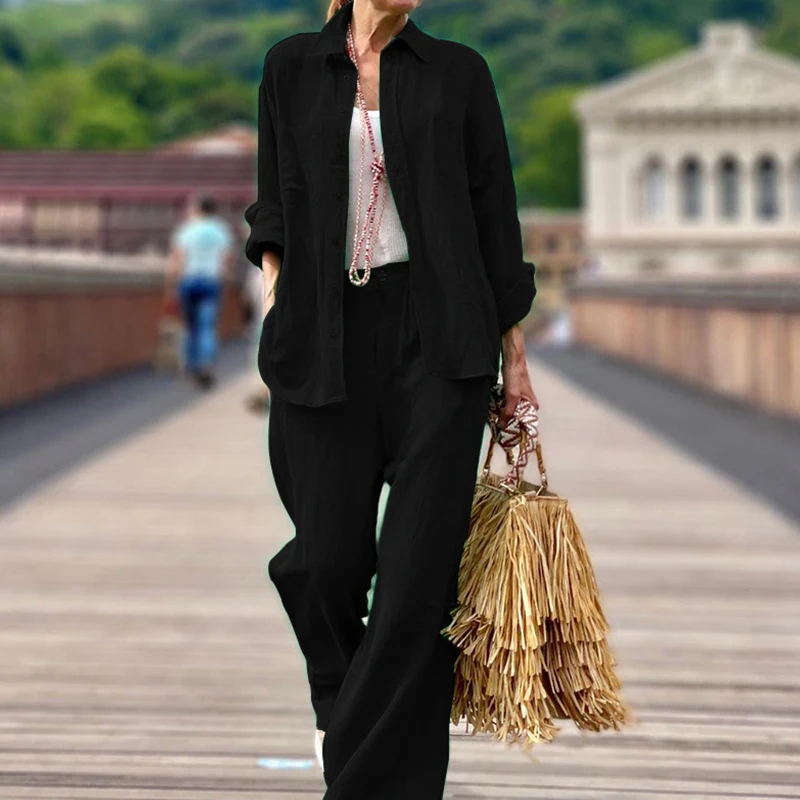 

Spring Single Breasted Button Lapel Shirt & Pocket Pants Suit Women Elegant Solid Cotton 2pcs Set Autumn Long Sleeve Office Sets