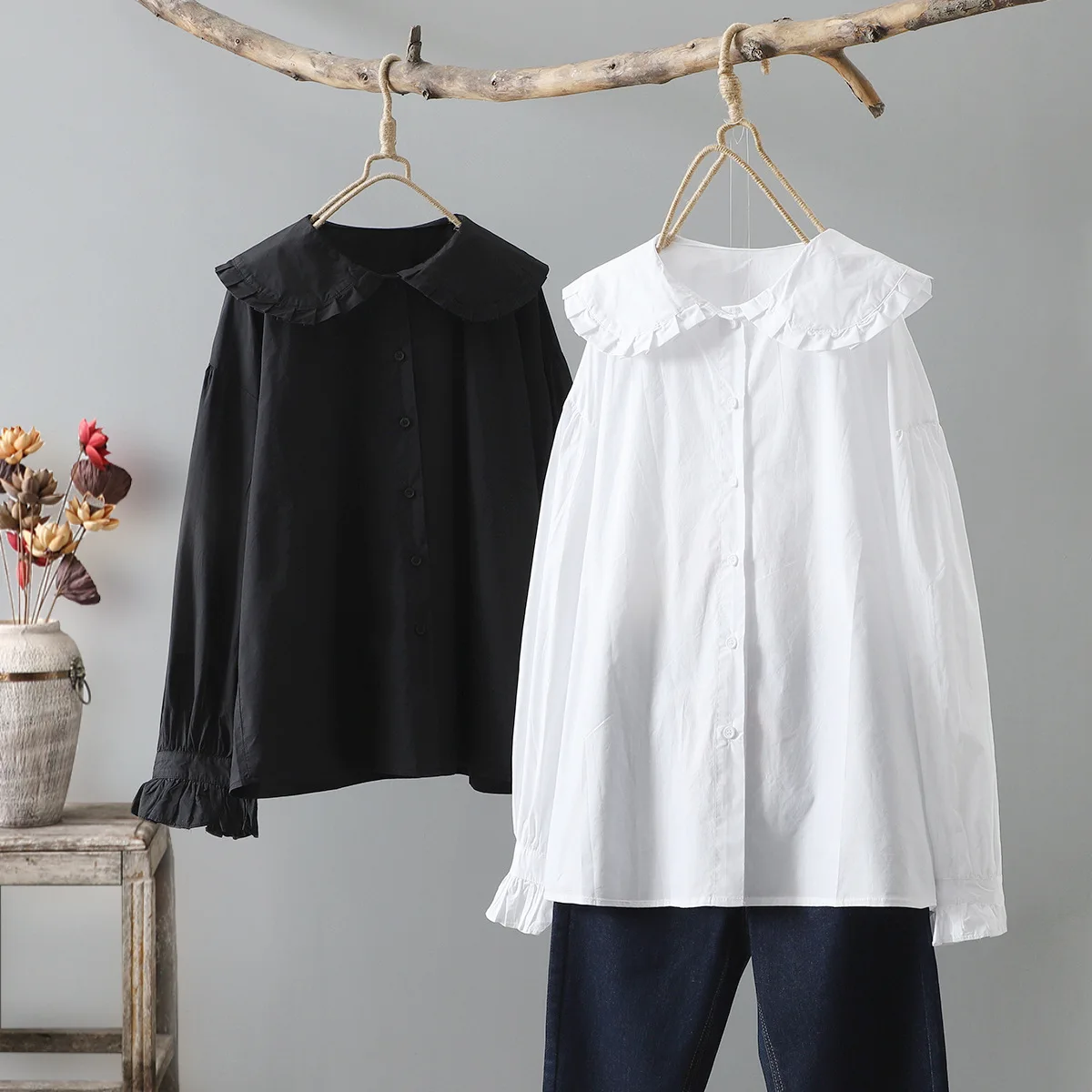 Женская хлопковая рубашка с воротником Питер Пэн длинным рукавом