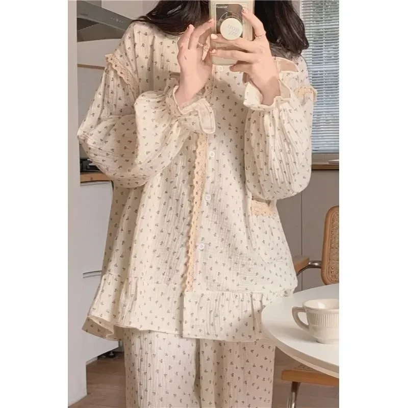 

for Button Sleeve Pant Pocket Piiama Women Long Sleepwear Floral Korean Suit Pieces 2 Lace Autumn Fashion 2023 Pajama Sets