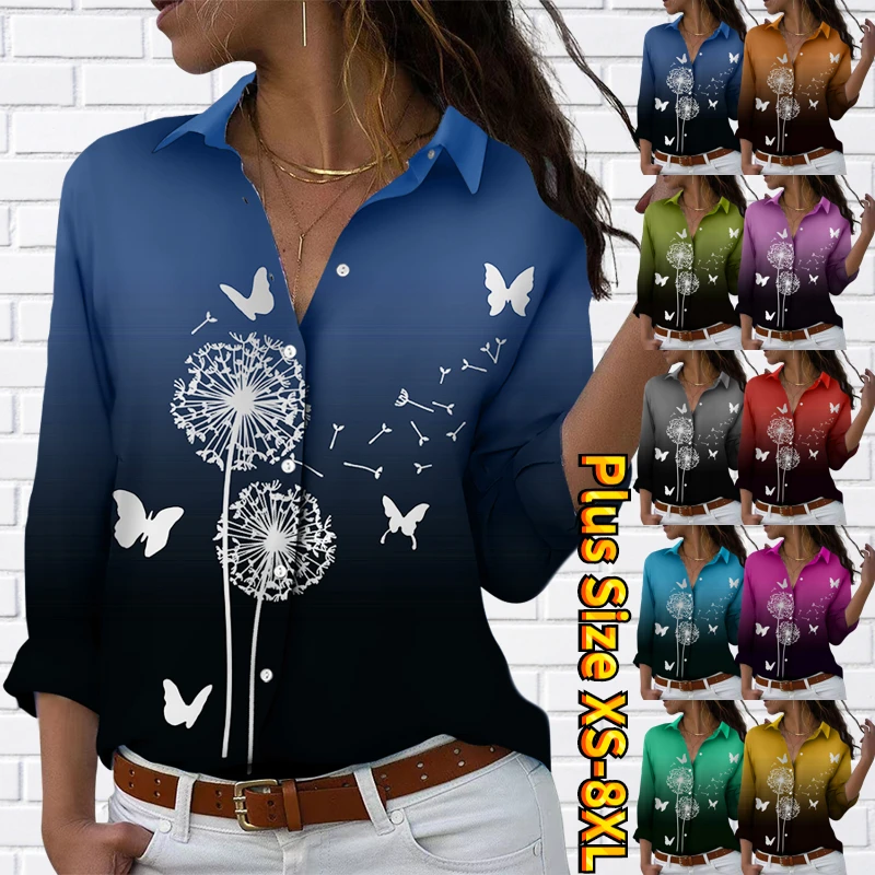 

2022 New Autumn Winter Women Sexy Dandelion Butterfly Print Button Tops V-neck Blouse Fashionable Long Sleeve Loose Size Shirt
