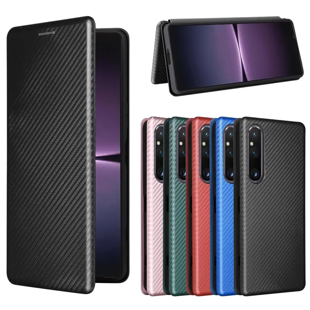 

Carbon Fiber Pattern Leather Wallet Flip Case For Sony Xperia 1 5 10 V IV III Magnetic Adsorption Cover Ring Phone Bag Card Slot