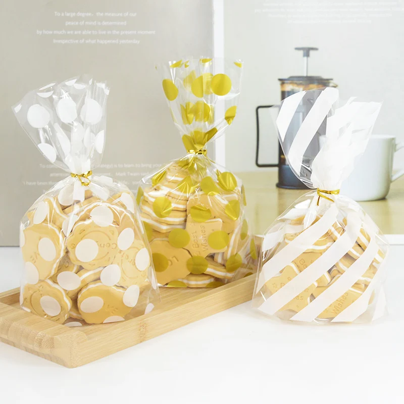 

50pcs Transparent Candy Bags Gold White Dots Stripe Cookie Gifts Packaging Birthday Wedding Party Baking Biscuit Clear Wrapping