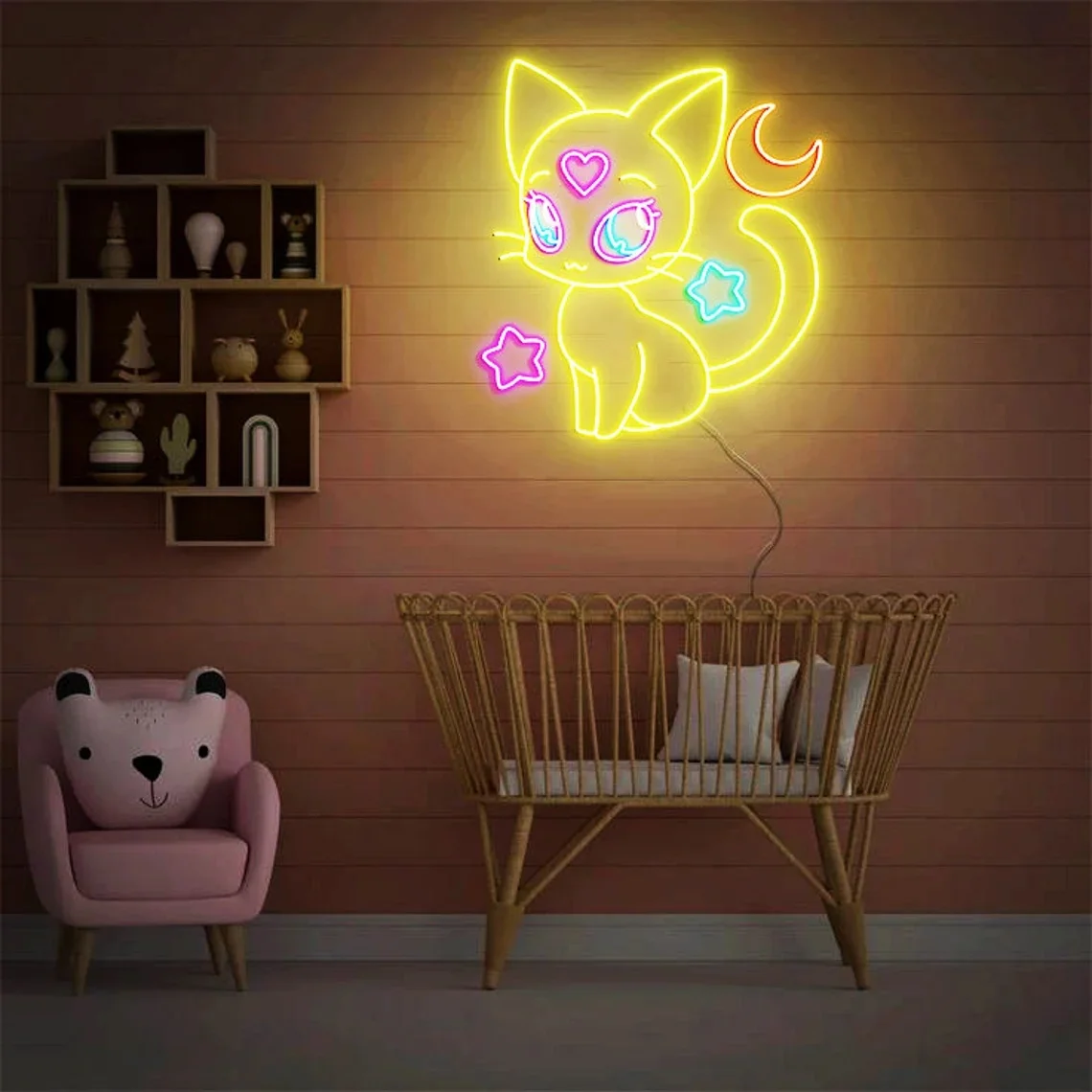 Неоновая вывеска в виде кошки с Луной и звездами Настенный декор для домашней