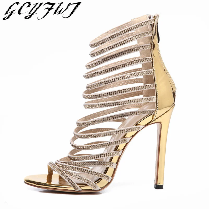 

2023 Summer New Brand Women's Sandals Round Toe Thin Heels Peep Toe Lady Shoes Crystal Zipper-Sid Gold Fashion Tenis Feminino