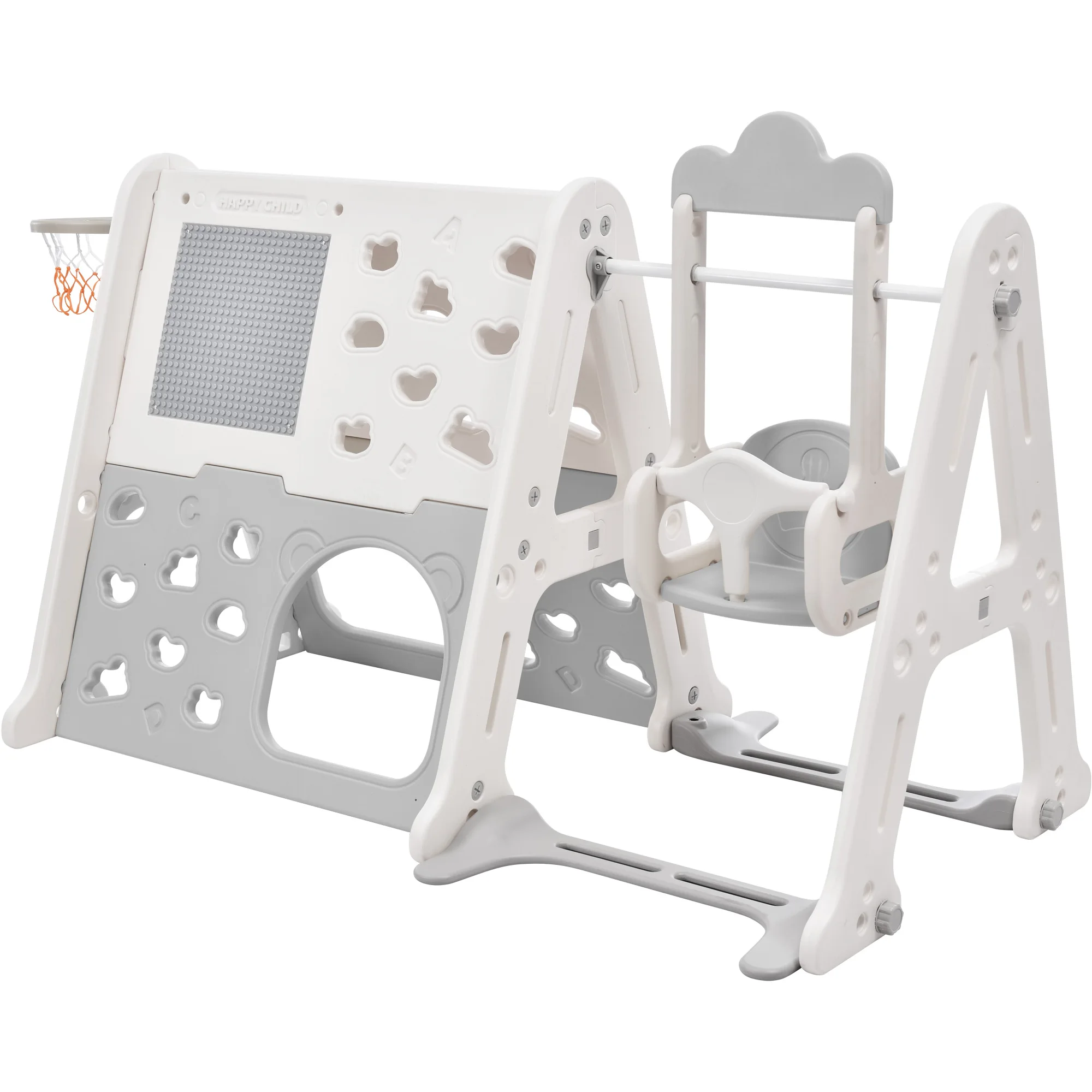 6-in-1 Toddler Climber and Swing Set Kids Playground Climber Swing Playset with Tunnel, Climber, Whiteboard,Toy Building Block B