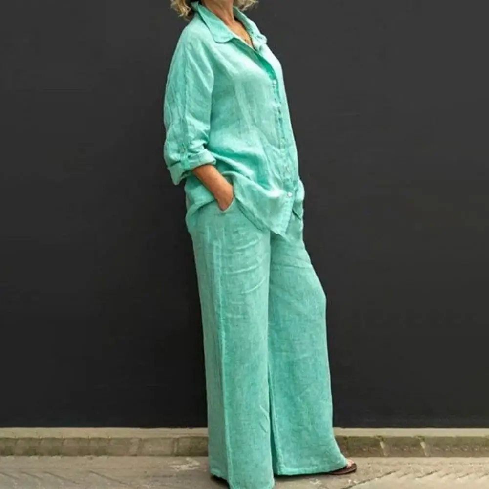 

2 Pcs/Set Stylish Elastic Waist Stretchy Waist Blouse Trousers Suit Blouse Trousers Suit Single-breasted Soft