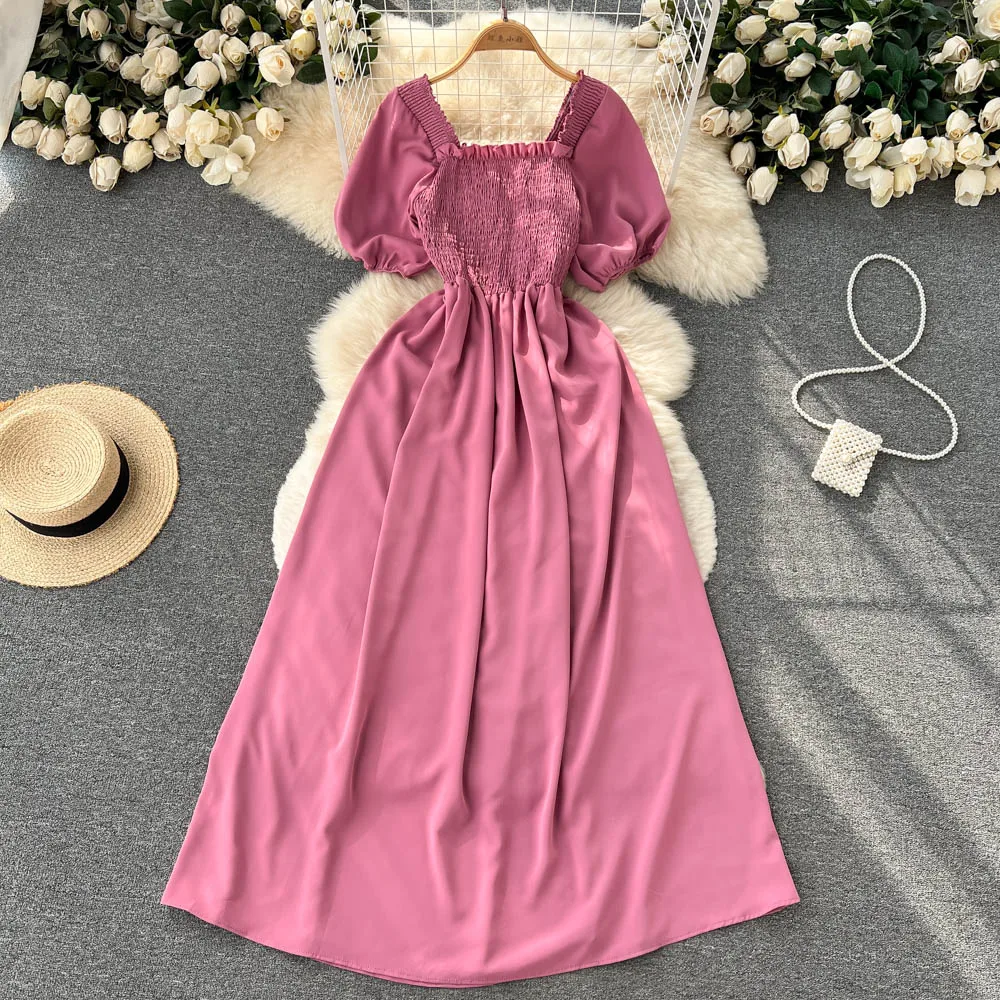 

French Pleated Square Collar Short-sleeved Dress Women's New Fashion Summer Sweet Slim Solid Color Casual Vestidos G760