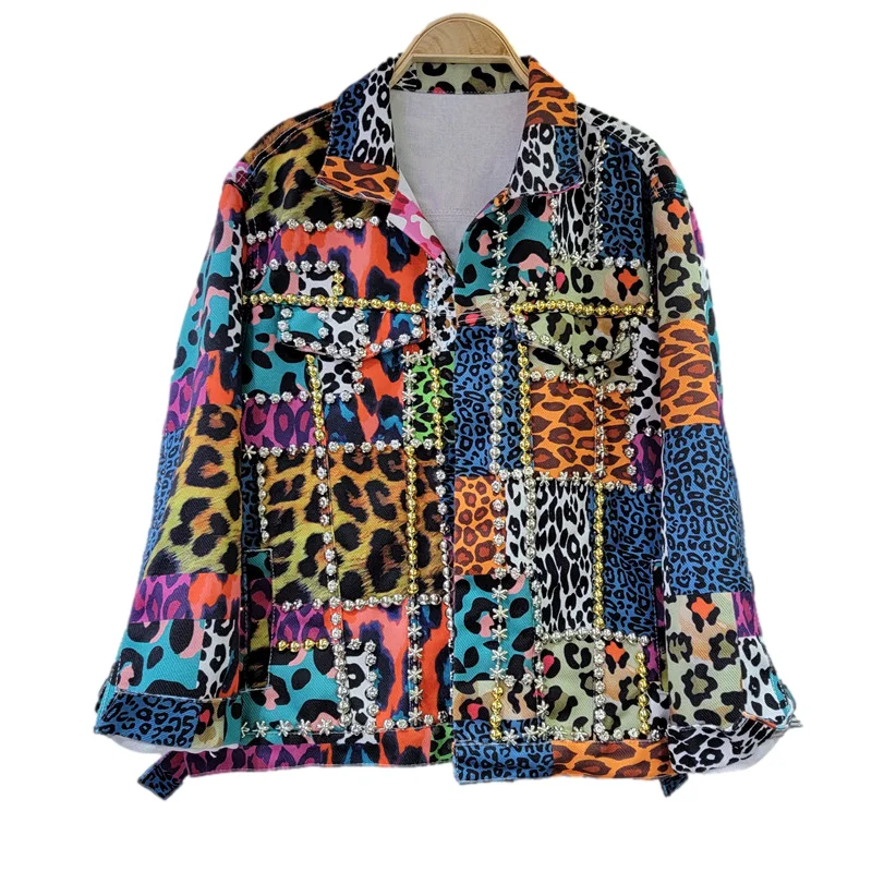 

Beading Multicolour Leopard Print Big Pocket Denim Jacket Women Loose Short Cowboy Outwear Long Sleeve Jeans Jacket Coat Female