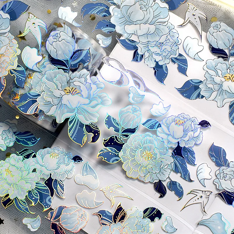

Blue white floral Flower Shiny Washi PET Tape Planner Material Collage Journal Decortion 5.24