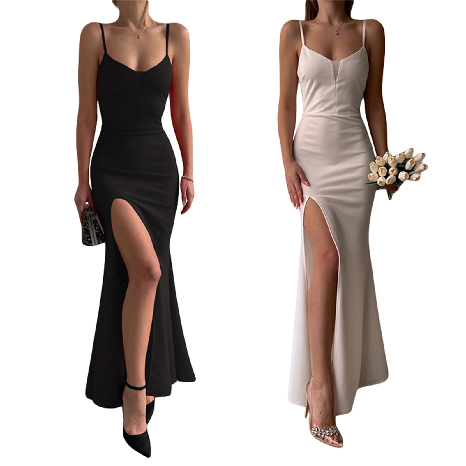 

Women Long Dress Spaghetti Straps V-neck Solid Slit Slim Fit Summer Dress for Party Cocktail Ladies Club Dress