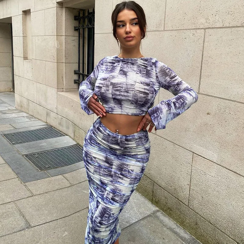 

Women's Clothing 2023 Summer New Fashion Printed Backless Long Sleeves Top Slim Pleated Skirt Suit Bandage Tie Dye