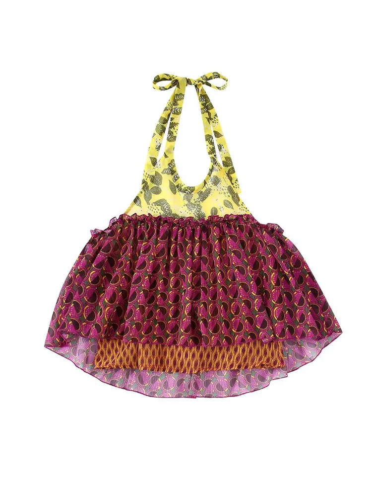 

Женская блузка с воротником хомутом и принтом, без рукавов