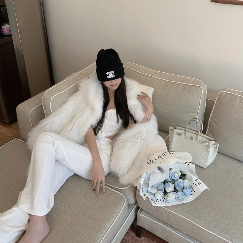 Winter hooded knitted loose fur coat