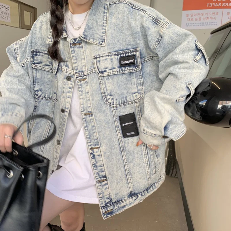 

Couple Denim Jacket Female 2022 Spring Autumn Bf Loose Retro Old Design Sense Long Sleeve Fashion Jeans Coat Outerwear Women