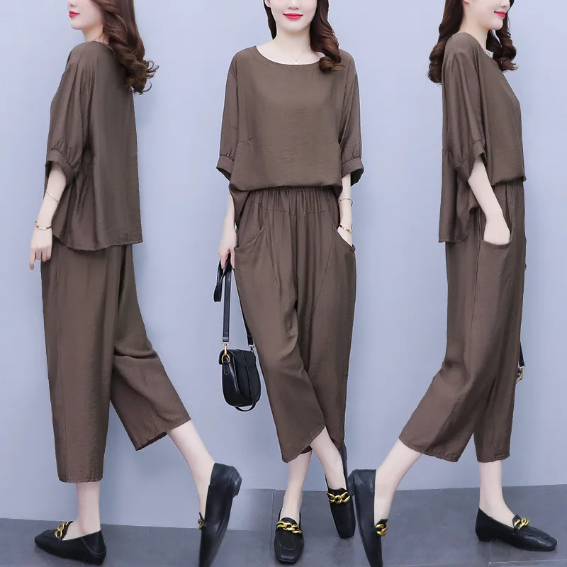 

Женский тонкий комплект из двух предметов, свободный однотонный комплект из двух предметов в британском стиле из хлопка и льна с круглым вы...