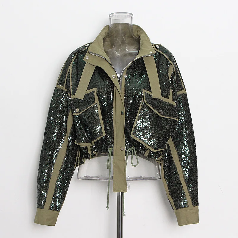

Street style short jacket 2022 winter new military green sequin embroidery stitching lapel lace-up coat women