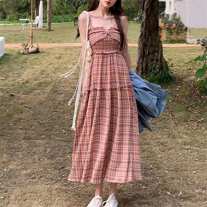 

New Summer Plaid Women Hotsweet Bow Dress Slim Long Mori Girl Style Fashion Elegant Sexy Girl temperament Vestidos Beach