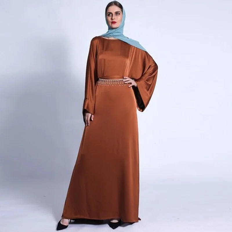 2022 Ramadan Matte Solid Color Loose Dress Fringed Diamond Belt Long Skirt Muslim Women Clothes With Bocket Autumn New