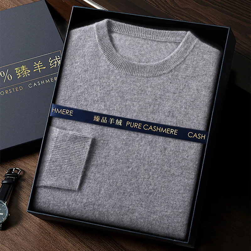 Men's 100% Cashmere Sweater Round Collar Pullover Basic Long Sleeve Knitwear Autumn Winter Smart Casual Clothing Tops