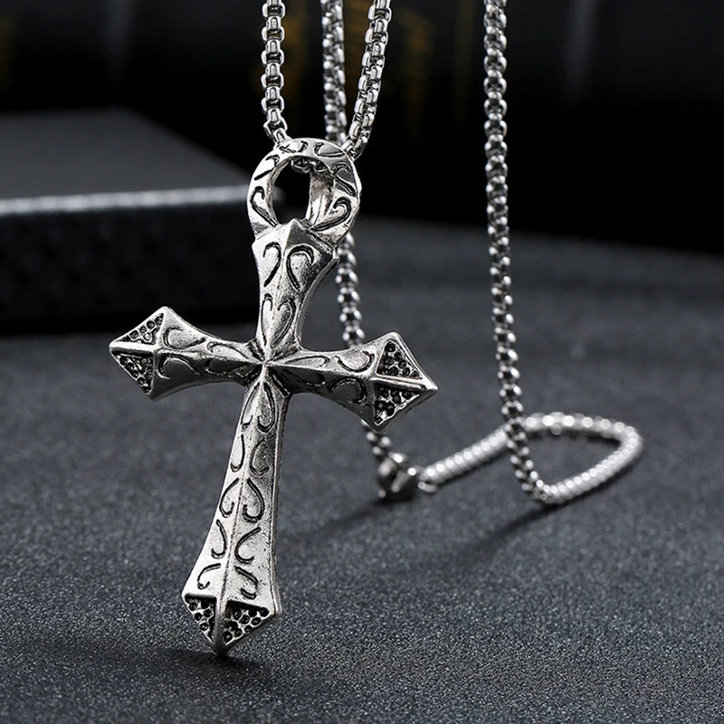 

Vintage Big Cross Pendant Necklace For Men Women Punk Jewelry 60cm Stainless Steel Chain Trendy Jewelry Cool Men Necklace