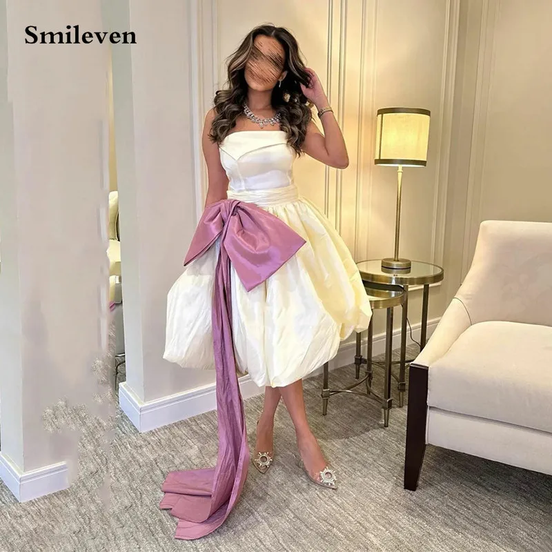 

Smileven, цвет слоновой кости, искусственное платье без бретелек, длиной ниже колена, официальное платье с розовым бантом, 2023